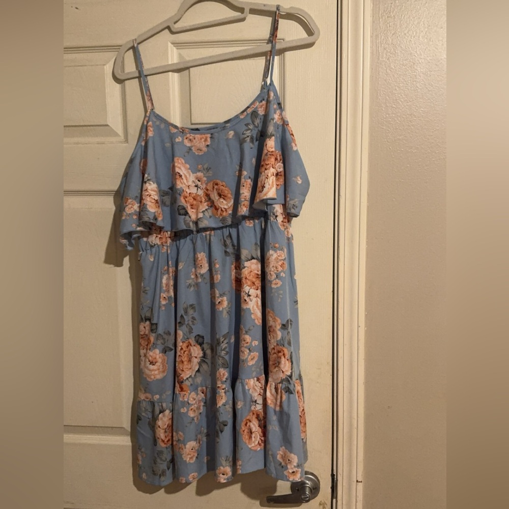SHEIN Light Blue Floral Ruffle Sundress with Peach Roses